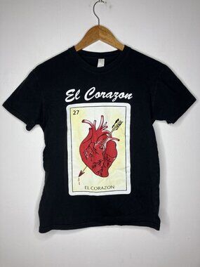 El Corazon Loteria Card T-Shirt Black Small Mexican Culture Folk Art Top